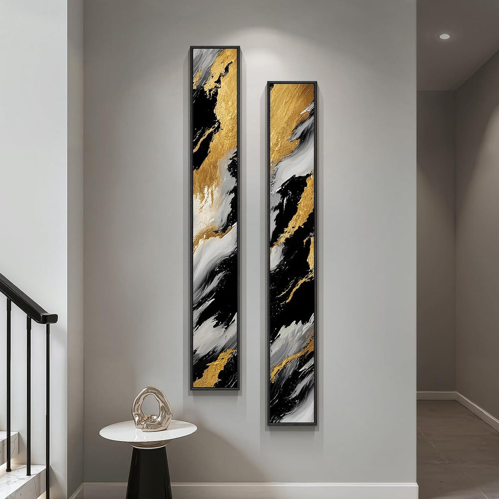 Framed Black White Gold Abstract Vertical Wall Art for Entryway, 2 Piece