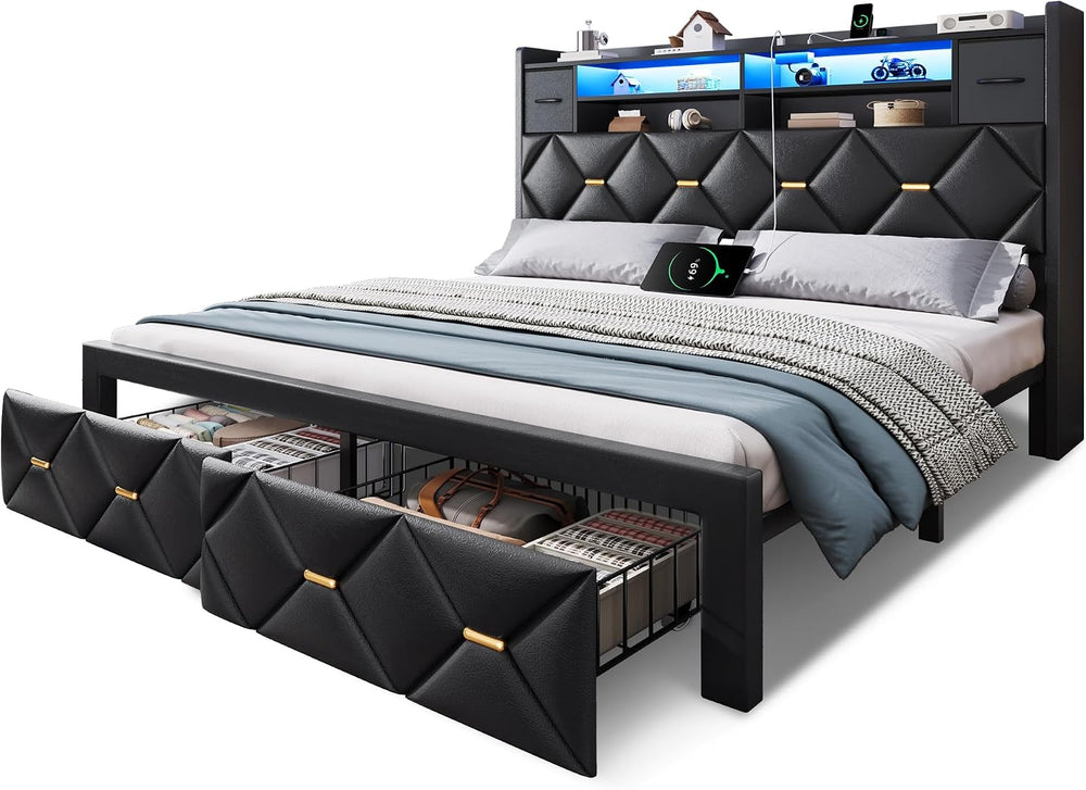 YITAHOME Queen Size Bed Frame with 2 Storage Drawers and Storage Headboard