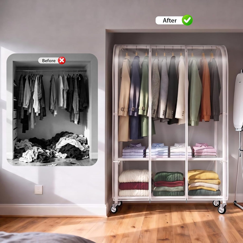Univivi Rolling Clothes Rack with Clear Dust Cover and Bottom Storage Shelf