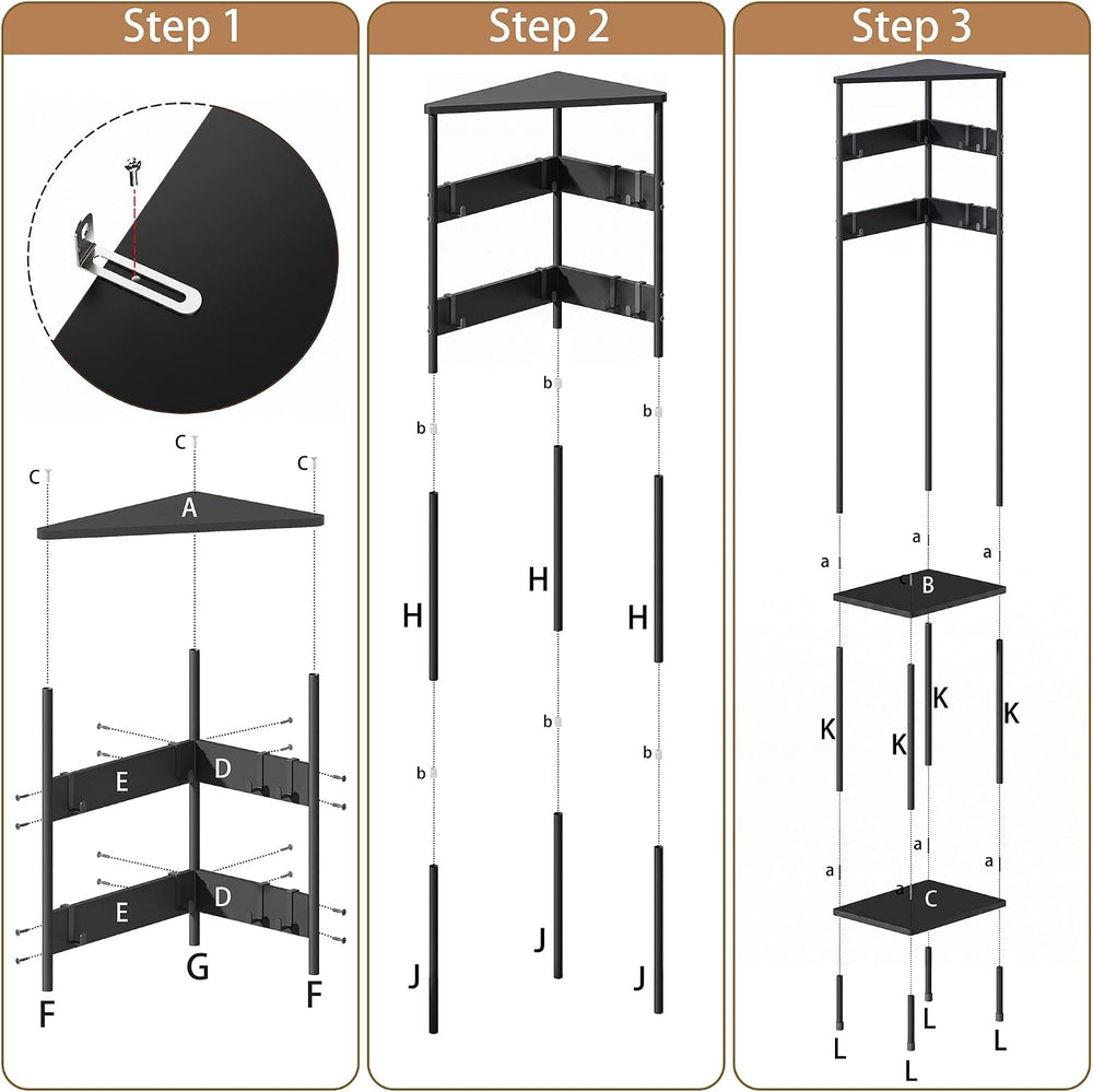 Corner Coat Rack Freestanding with Shelves and 8 Hooks, Black