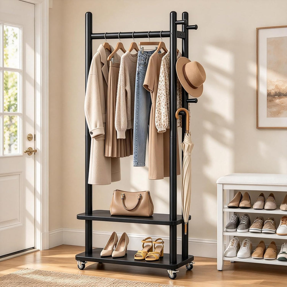 Taitiy Coat Rack Solid Wood Stand Storage 2 Shelves 5 Hooks Black