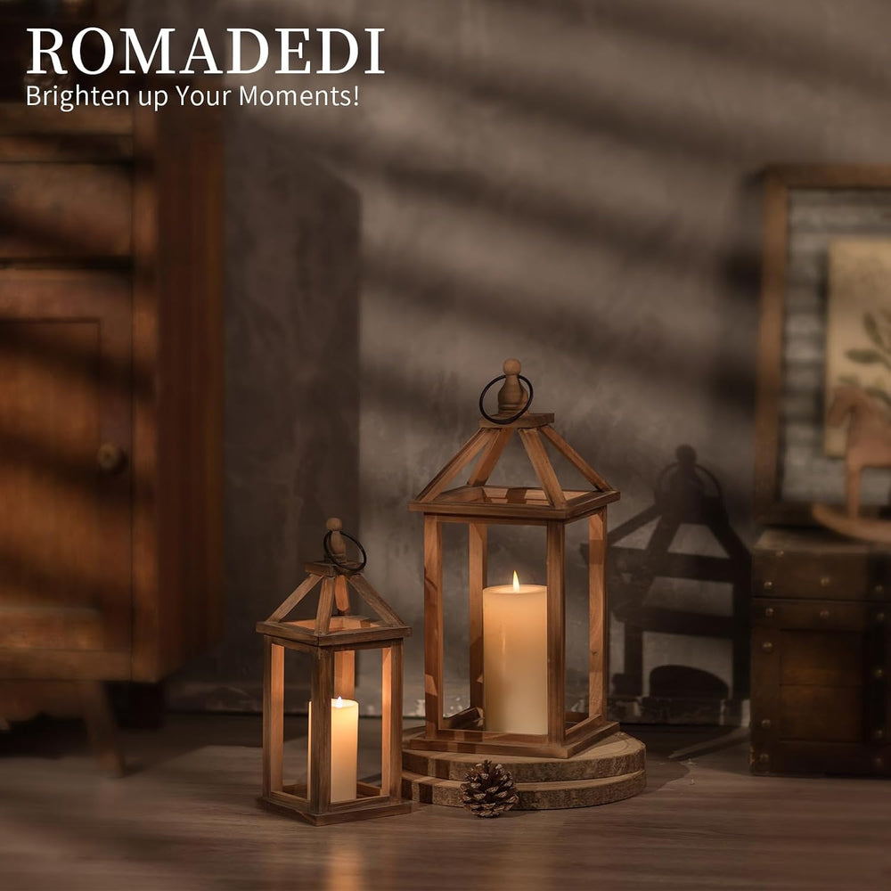 Romadedi Wood Candle Lantern Decorative, Brown, Rustic Decor Set of 2