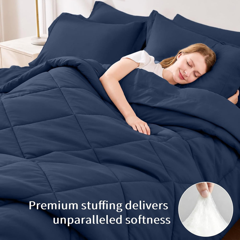 FUANNA King Size Comforter Set 7 PCS, Navy Blue Bed Set, Soft Bed in a Bag