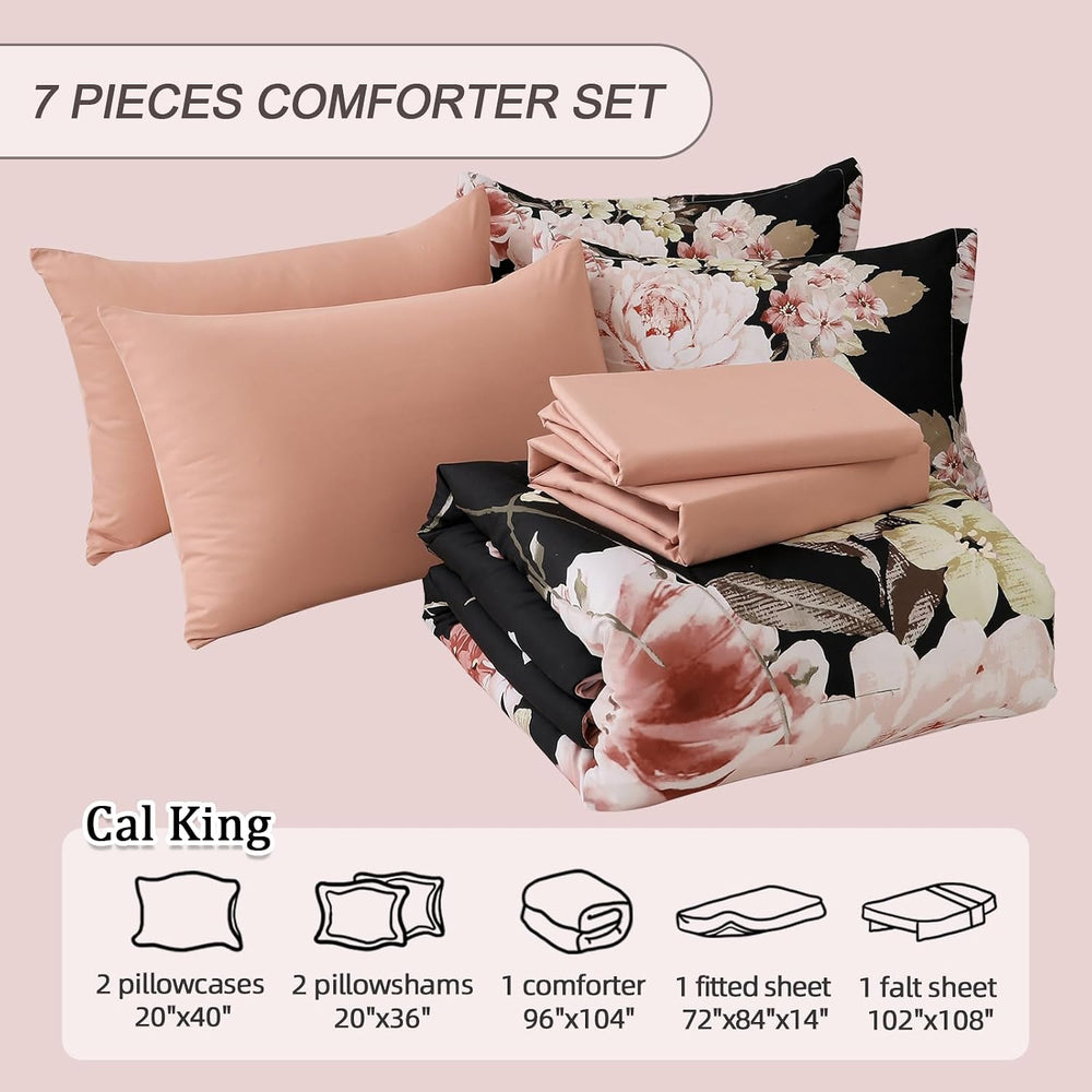 Floral Comforter Set California King Size, Black Pink Bed in a Bag