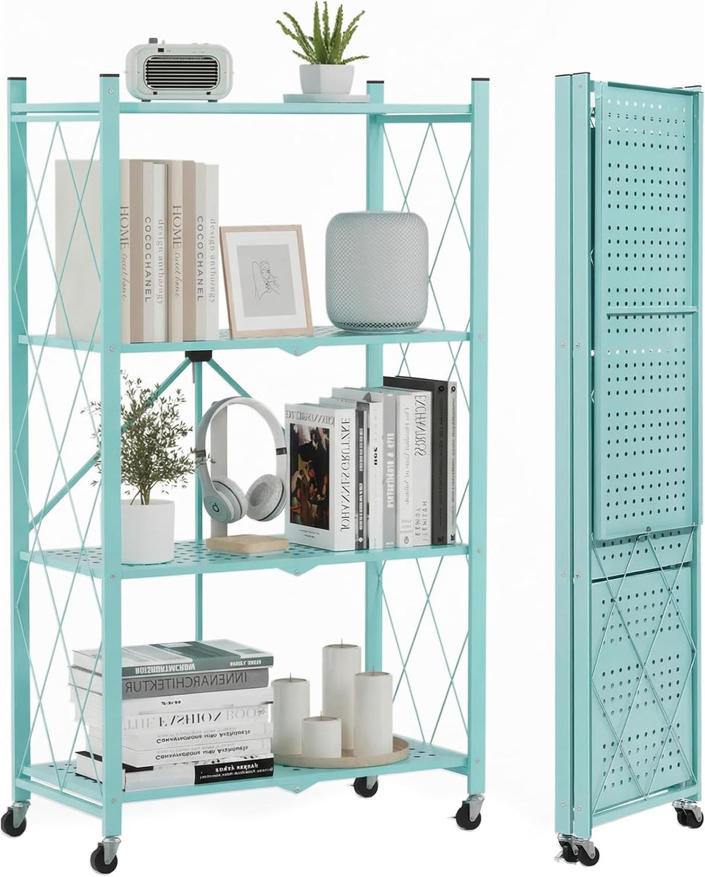 ALANNG 4 Tier Folding Shelf with Wheels, No Assembly Metal Storage Rack