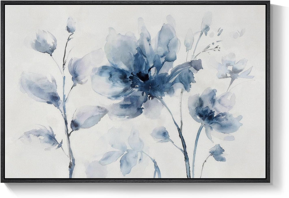 Framed Modern Minimalist Blue Pastel Floral Wall Art for Bedroom, 24x36 In