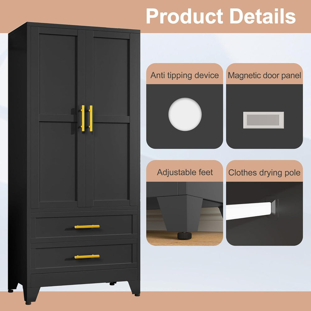 PAOFIN Black 71" Metal Armoire Wardrobe Closet, Bedroom Clothing Storage...