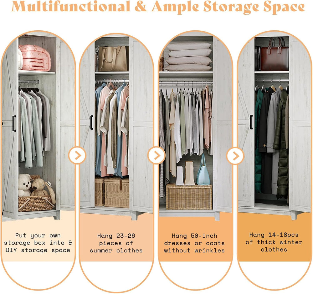 AMERLIFE 71" Farmhouse Wardrobe Closet with Hanging Rod & Barn Doors