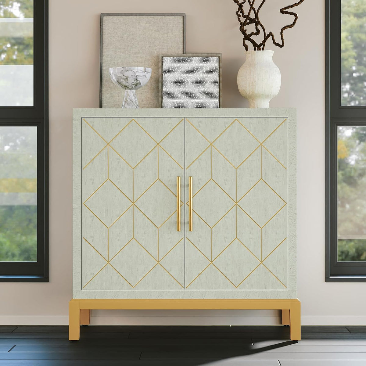 HLR Green Accent Cabinet with Gold Trim,Storage Cabinet with 2 Doors,Modern Wooden Sideboard for Living Room, Kitchen, Office and Hallway