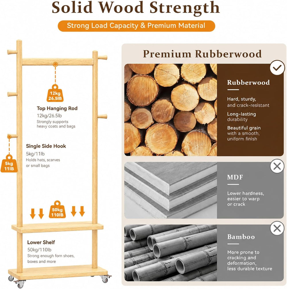Taitiy Coat Rack Freestanding Solid Wood Clothes Rack with Wheels
