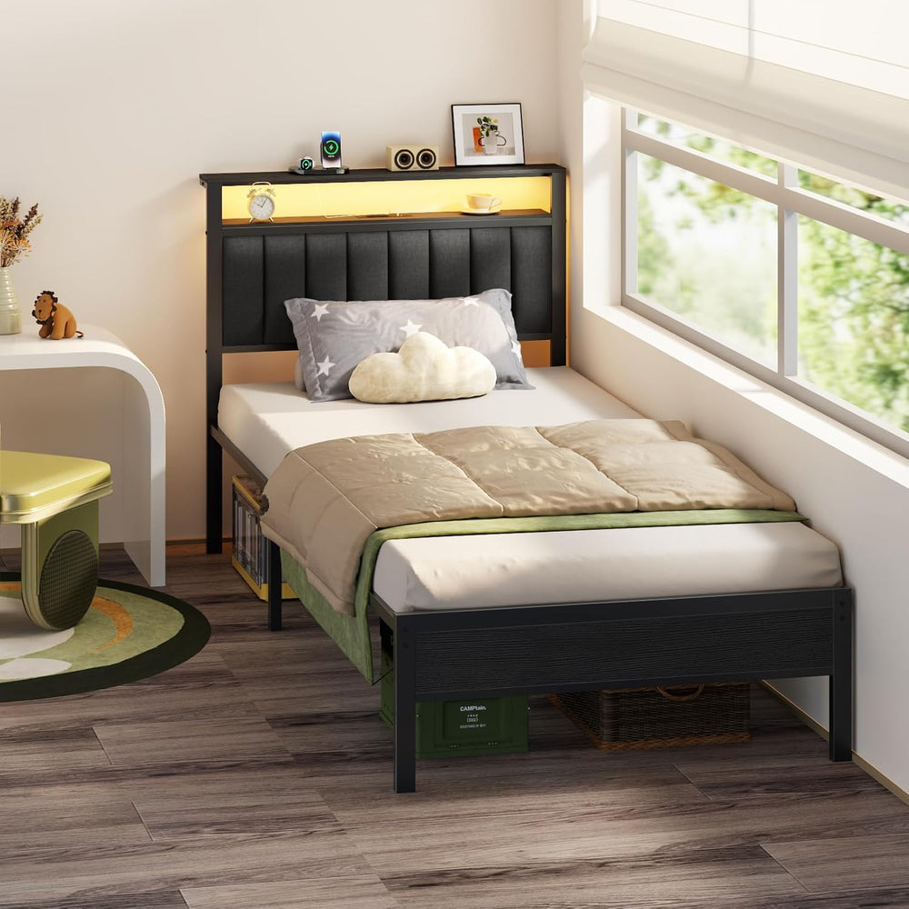 Furnulem Twin Size Bed Frame with Charging Station and LED Lights