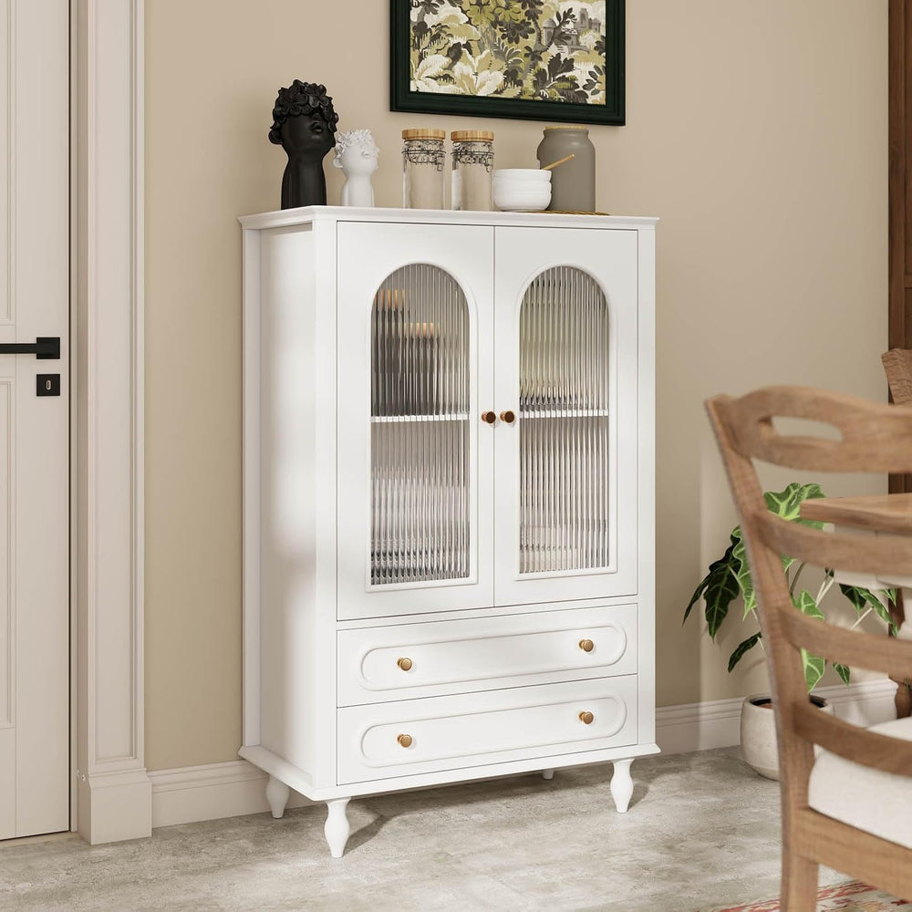 46.5'' Tall Accent Cabinet with Arched Doors,Fluted Glass Cabinet,White