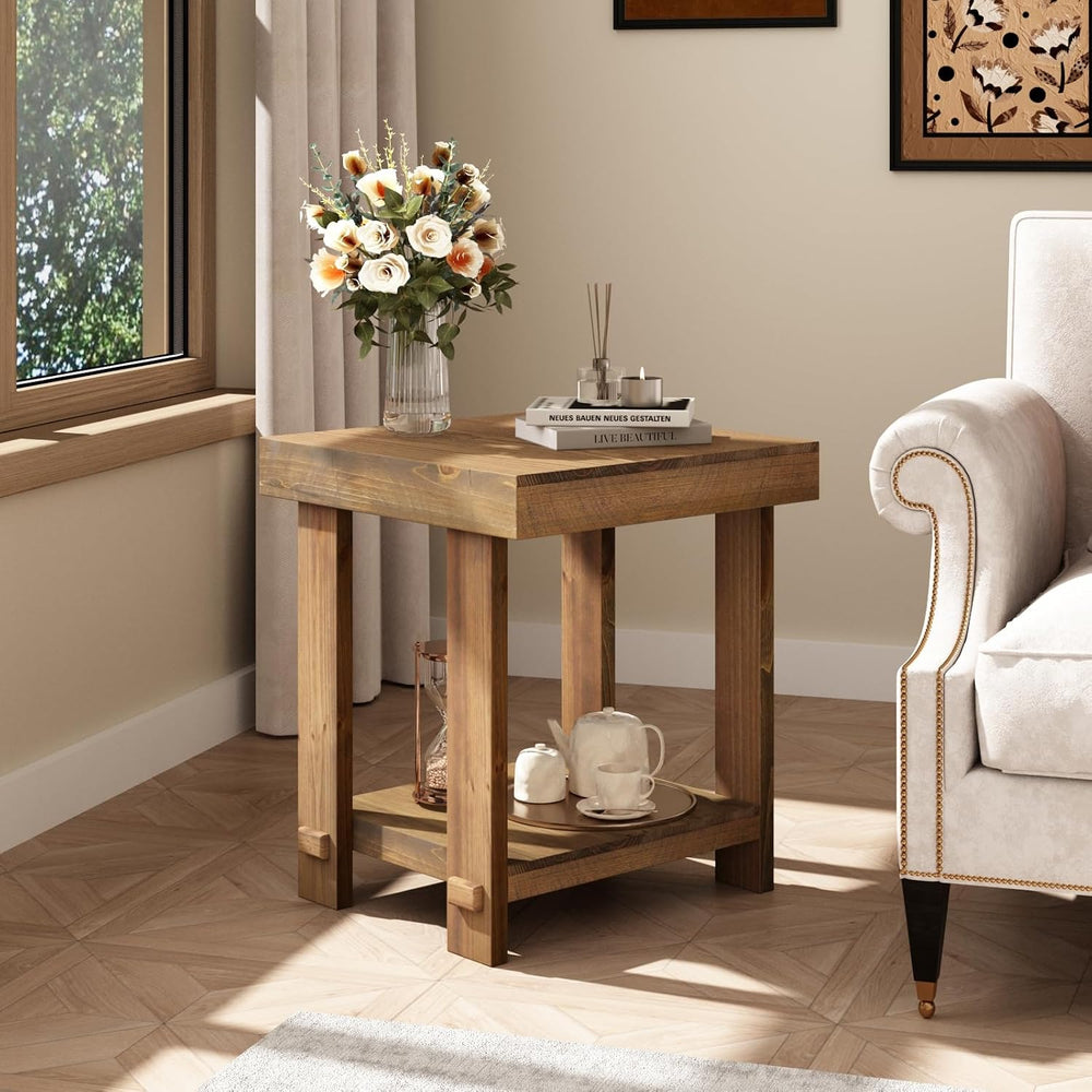 HOKYHOKY Set of 2 Solid Wood End Table, 2-Tier Farmhouse Side Table