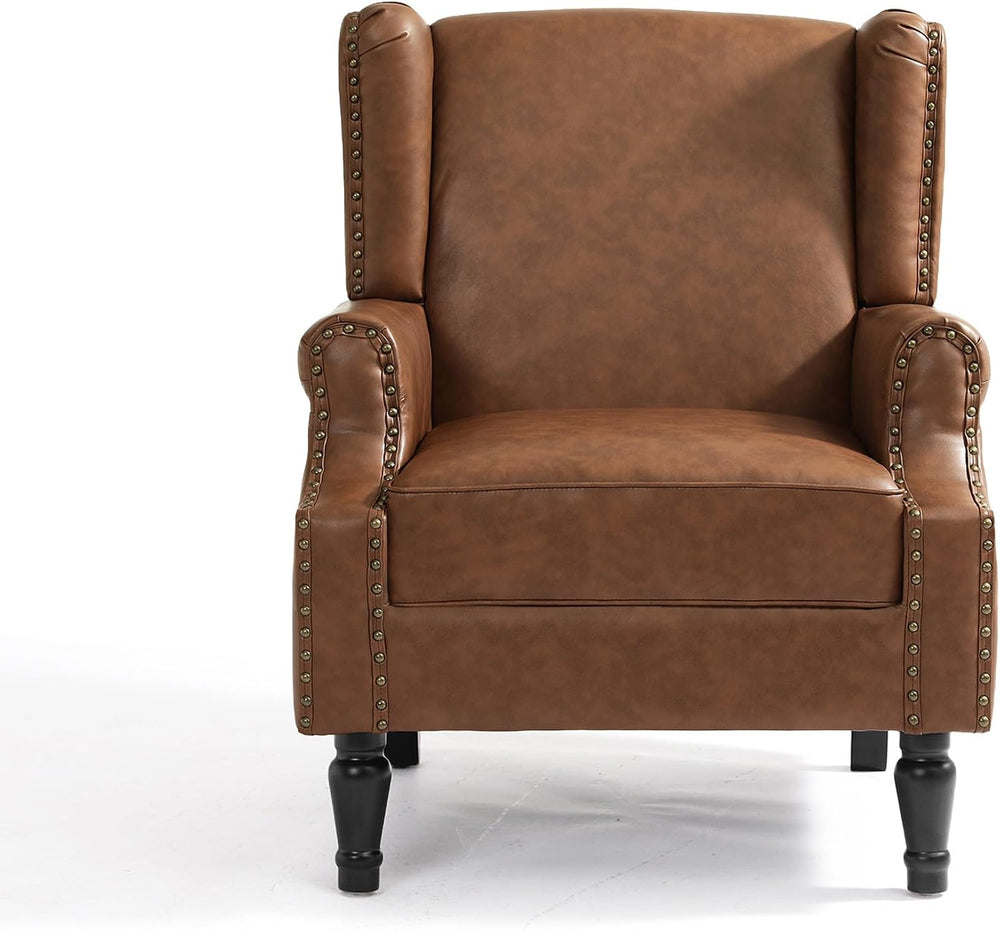 High Back Accent Chairs Set of 2, PU Leather Wingback Armchair, Brown