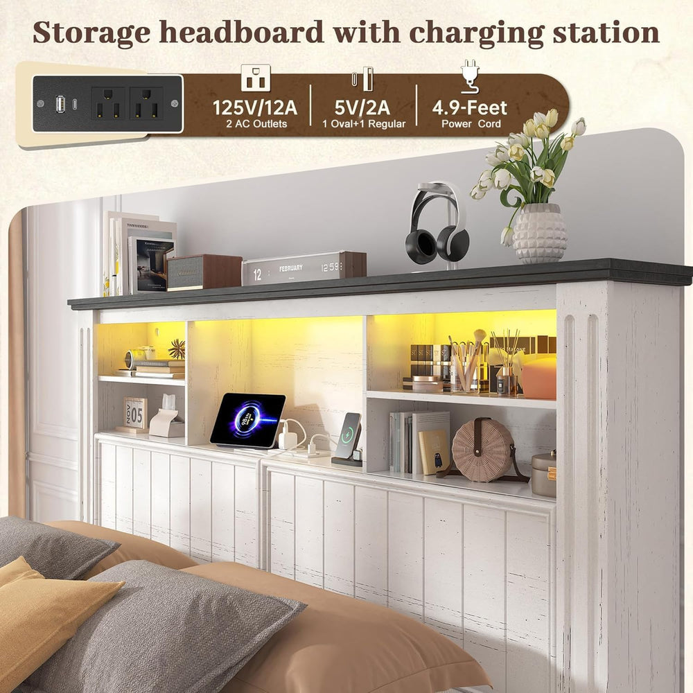 EnHomee Queen Bed Frame with 4 Drawers and Headboard Storage Shelf,White
