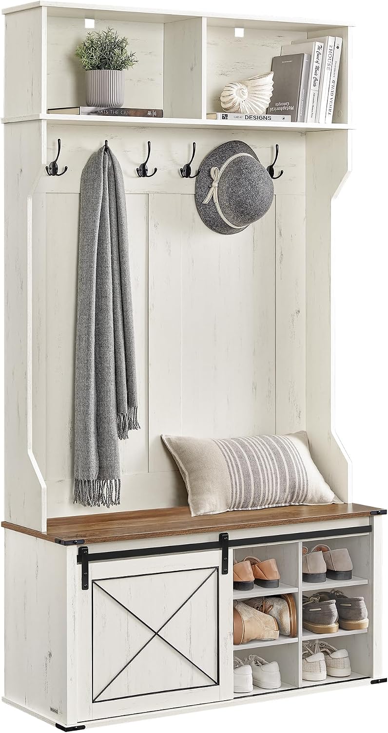 VASAGLE Hall Tree with Bench and Shoe Storage, 6 Tri-Hooks, Sliding Door