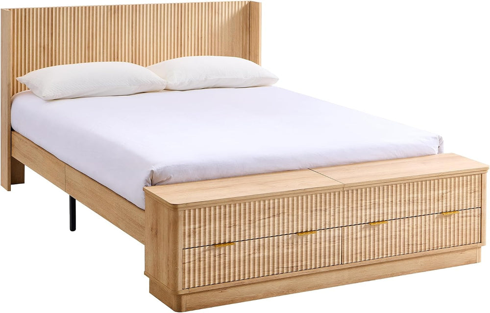 T4TREAM Fluted Queen Bed with Headboard and Storage Bench, Natural Oak