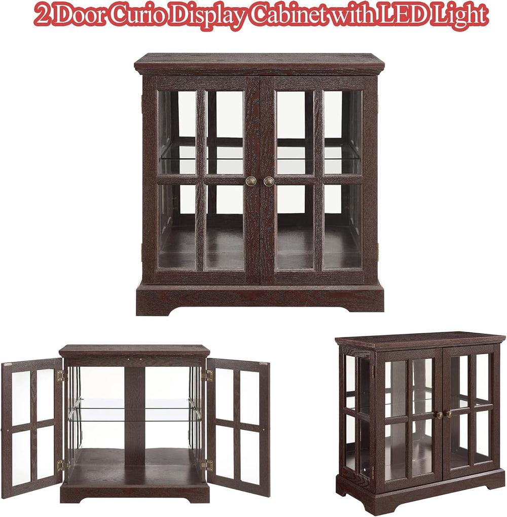 30" Curio Display Cabinet with Glass Doors, LED Light & Shelves