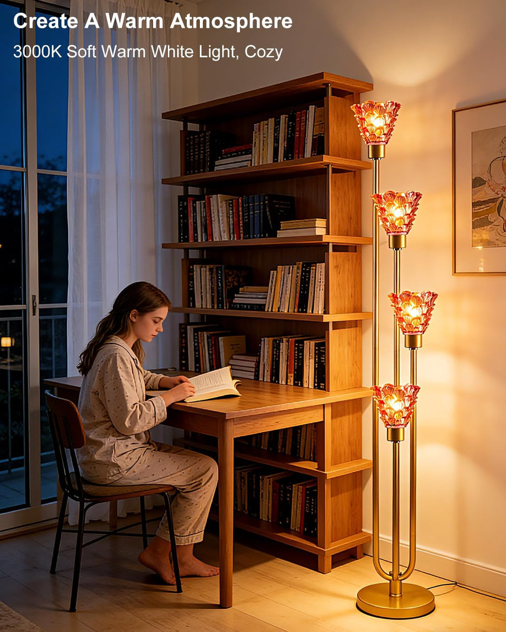 Lightdot Glass Floor Lamp Dimmable 4-Light Red Shade Gold Floor Lamps