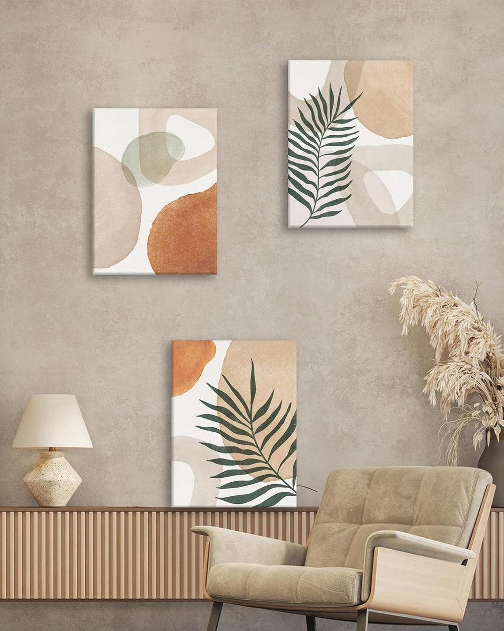 HesenDot Abstract Botanical Wall Art Set of 3, 40x60CM Neutral Plant Framed C...