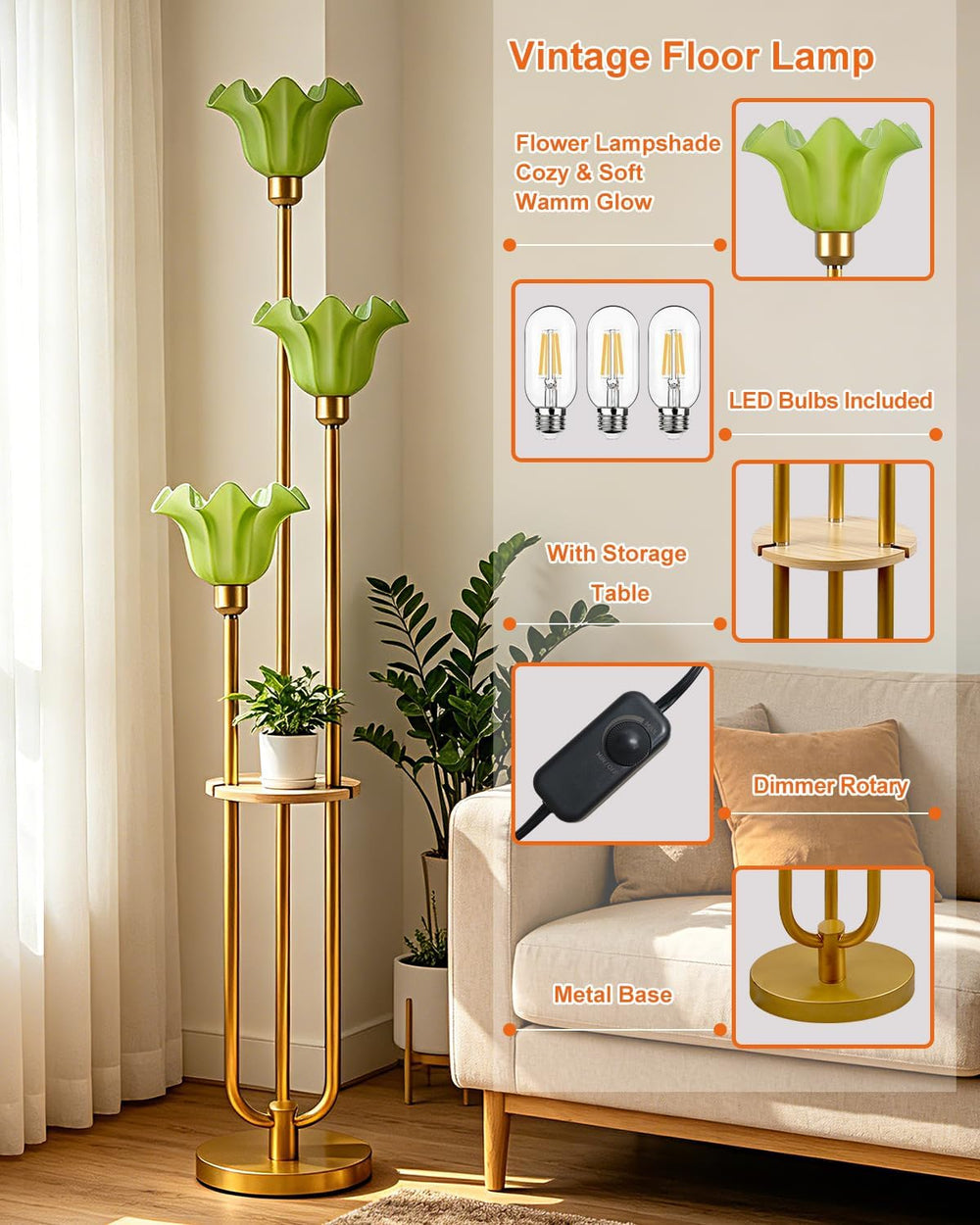 Green Flower Floor Lamp for Living Room, Mid Century Modern Floor Lamp Dimmab...