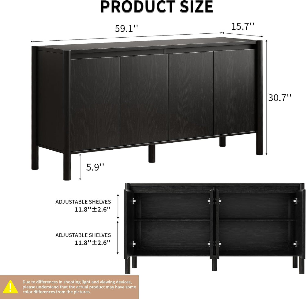 59 Inch Black Buffet Cabinet, Mid Century Wood Sideboard Storage