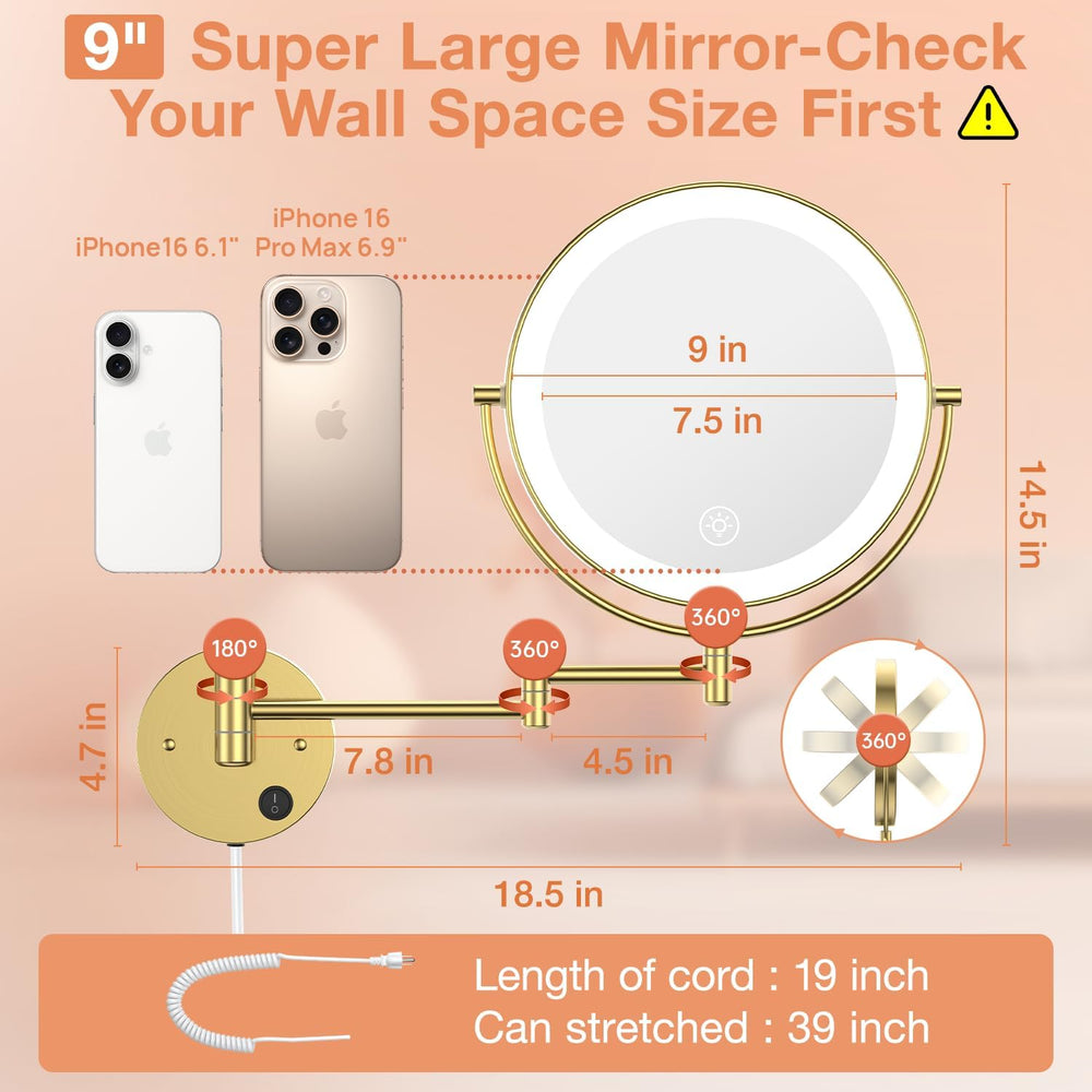 9" Wall Mounted LED Makeup Mirror, 1X/10X Magnifying Mirror Corded, Gold