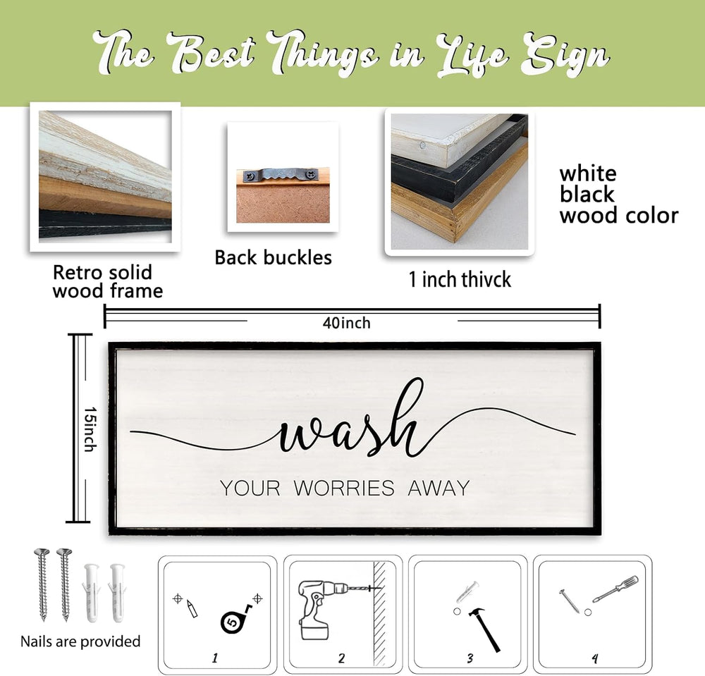 Wash Your Worries Away Bathroom Wall Decor, 40x15 Inch, Black