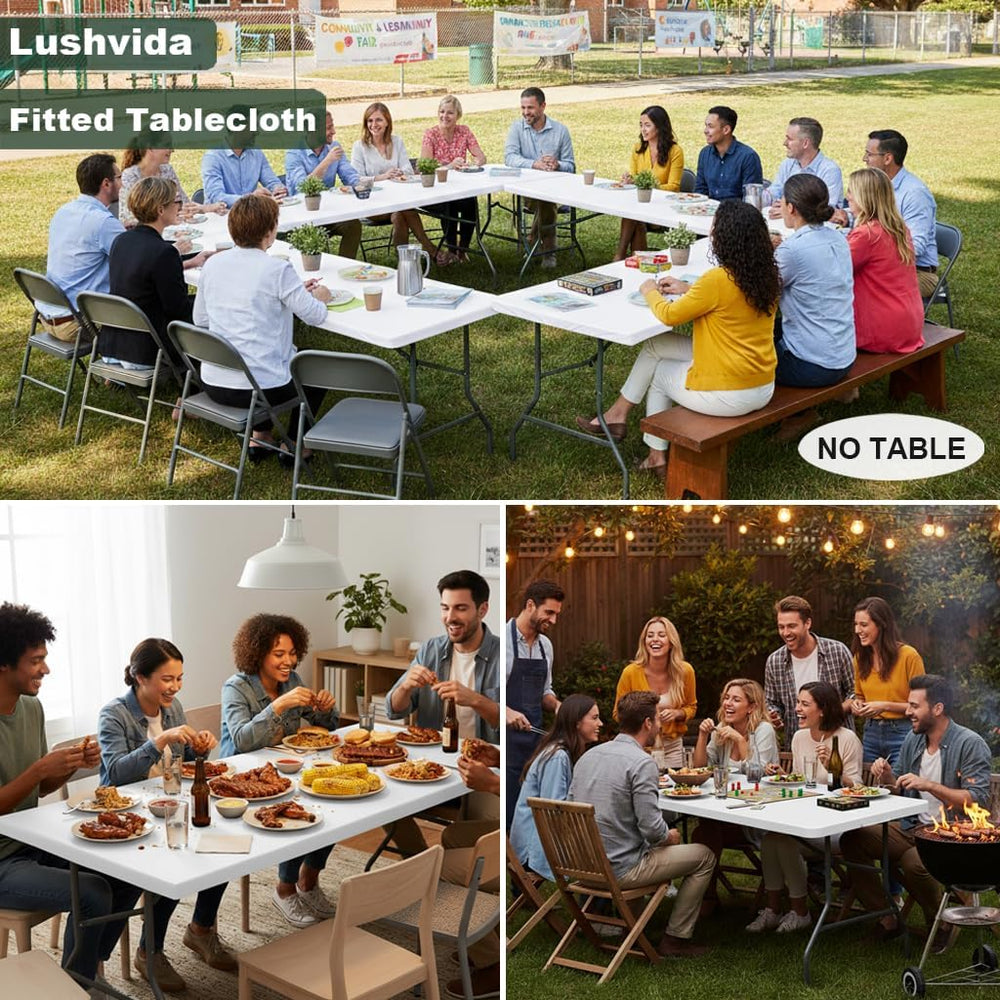 LUSHVIDA Fitted Rectangle Tablecloths for 6ft Folding Tables 6 Packs White