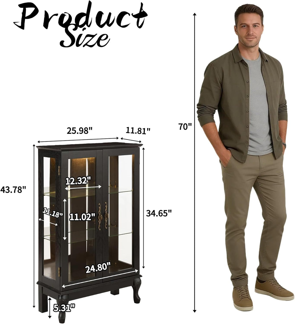 43" H Lighted Glass Curio Display Cabinet, 3-Tier Glass Accent Storage C...