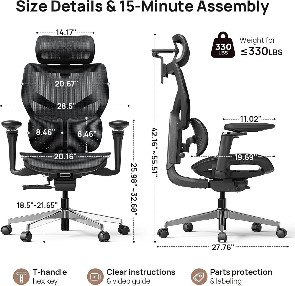 Ergonomic Mesh Office Chair - 10 Hours Comfort Dual Lumbar Support, 330lbs