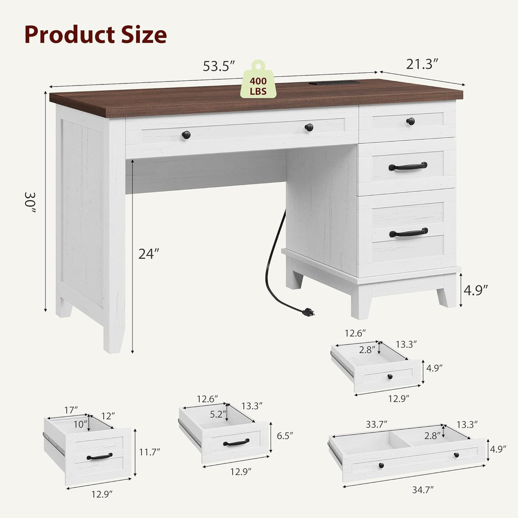 Garvee 53.5" Wooden Home Office Desk with File Drawers, Executive Desk with Power Outlet, Farmhouse Wood Desk with Storage, Distressed Study and Work Table, Rustic White