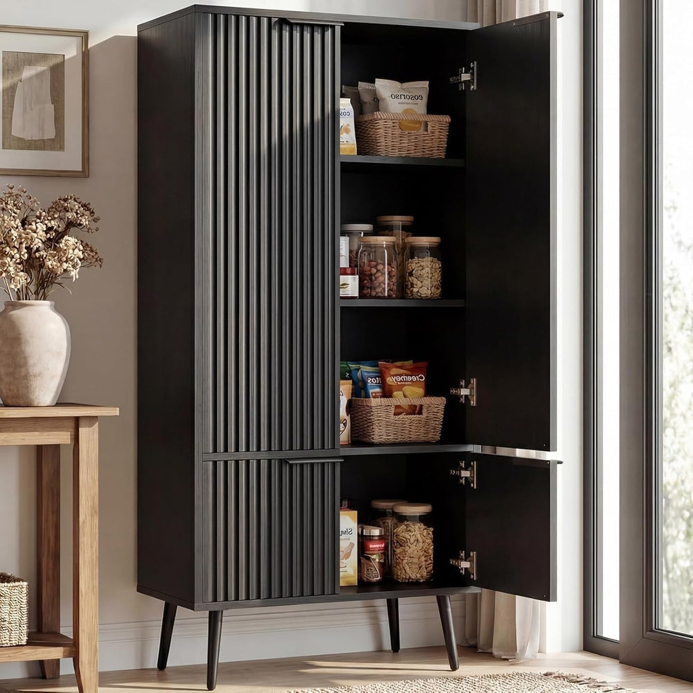 Ebony Fluted 51" Tall Wooden Kitchen Pantry Storage Cabinet Food Organiz...