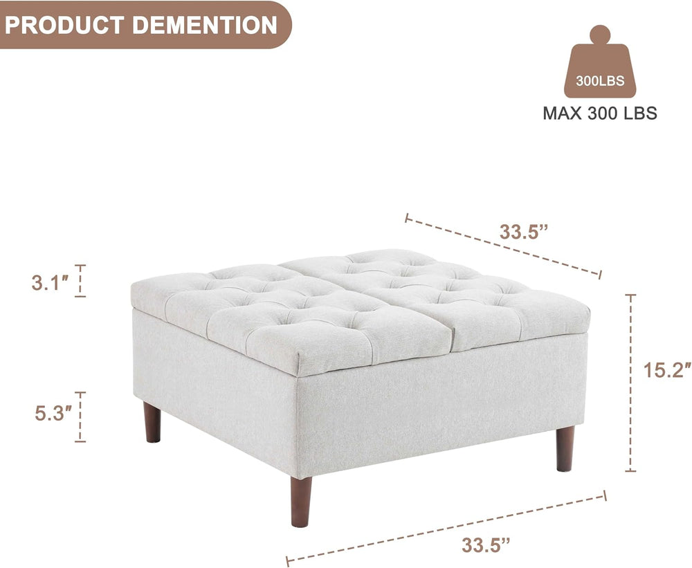 Weture 35" Large Storage Ottoman Coffee Table, Square Ottoman, Light Grey