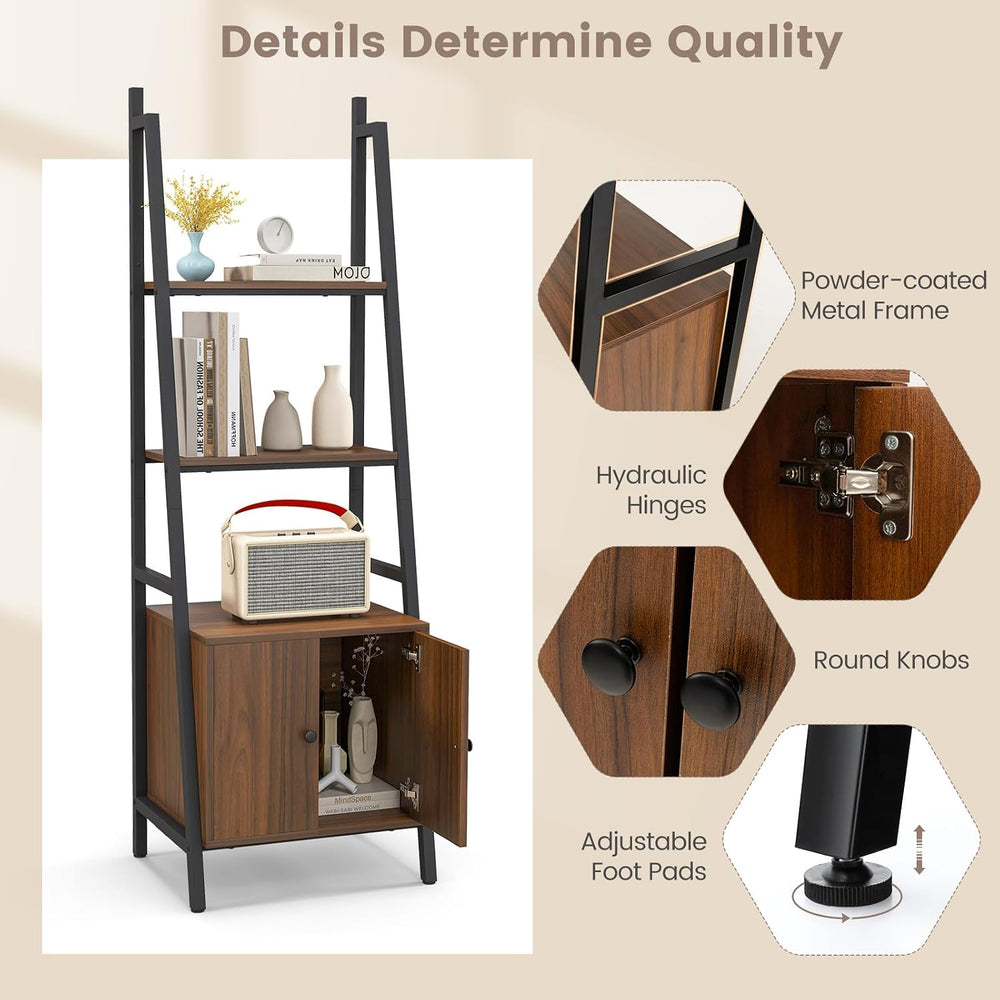 Tangkula 4-Tier Ladder Shelf, Industrial Bookshelf w/Cabinet, Rustic Brown