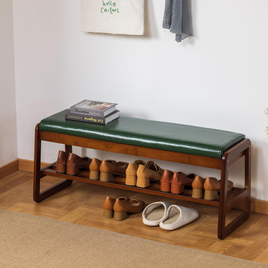 Solid Wood Shoe Rack Bench with Flip-Top Storage, Green, 39.4''