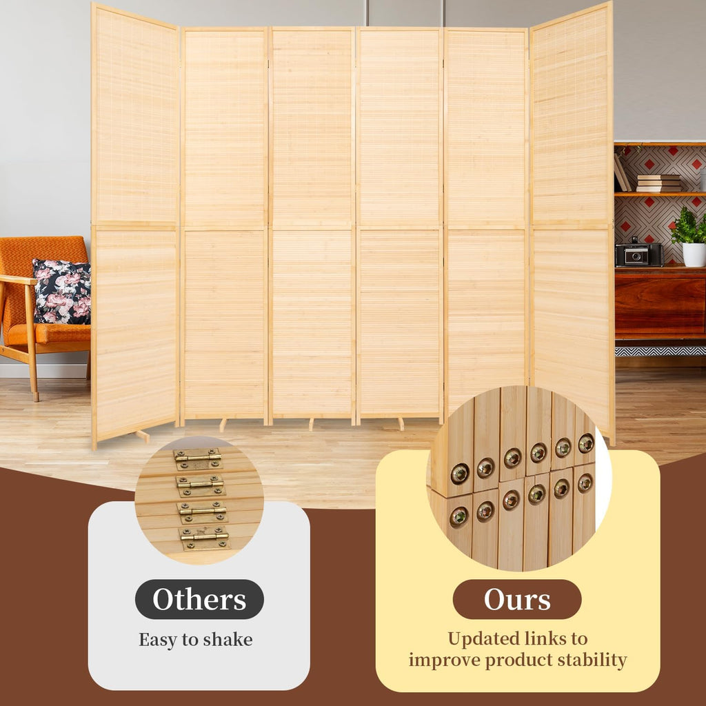 Bamboo Room Divider 6 Panel Wall Divider,Folding Screen W/Extra Stable Base