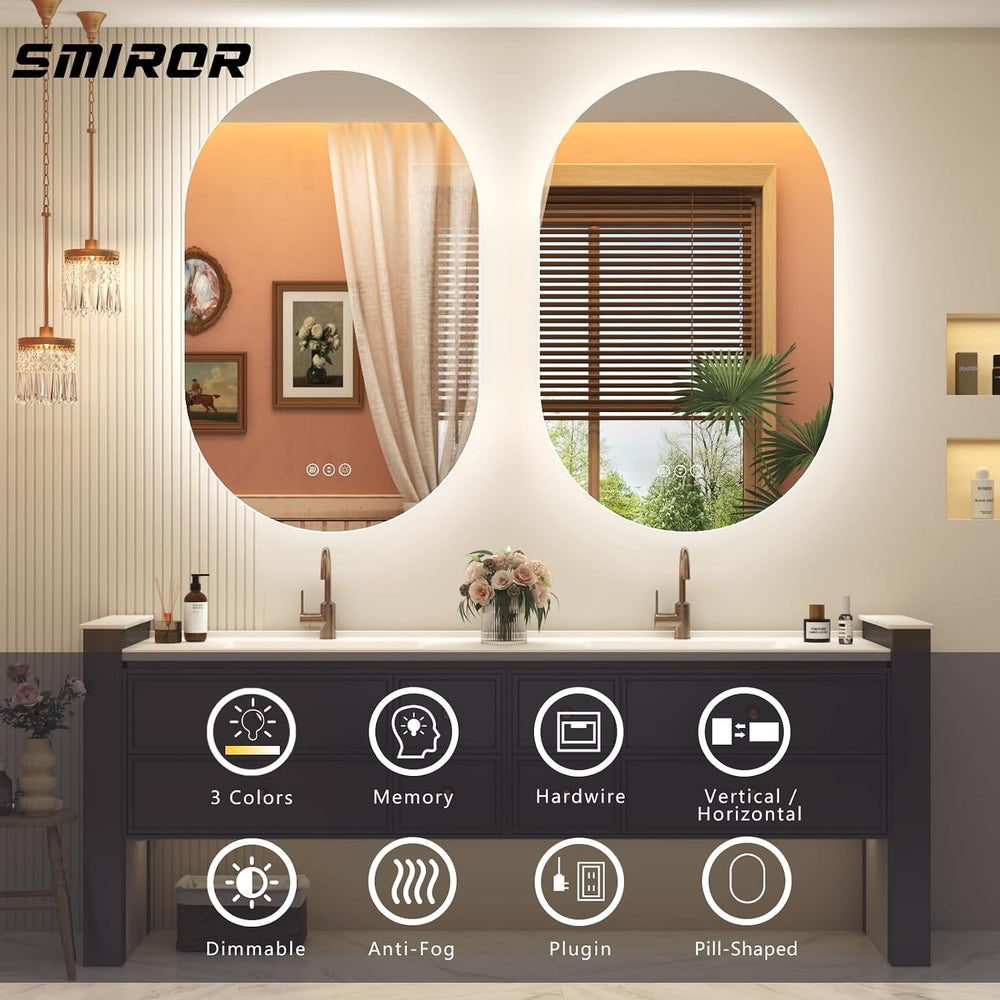 SMIROR 24x36 Oval Backlit LED Bathroom Vanity Mirror with Lights for Wall
