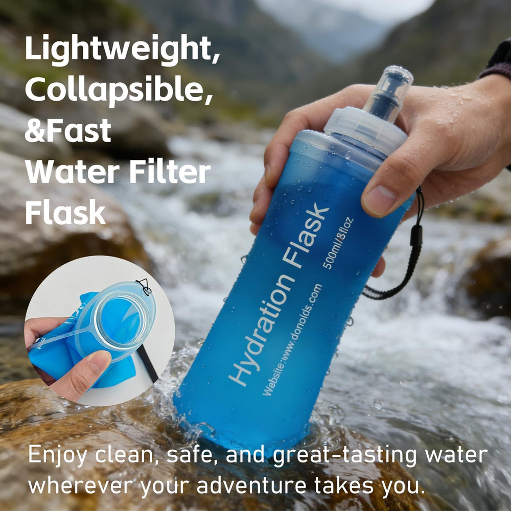 AXEN Collapsible Water Bottle with Filter for Hiking Travel, 500ml Blue