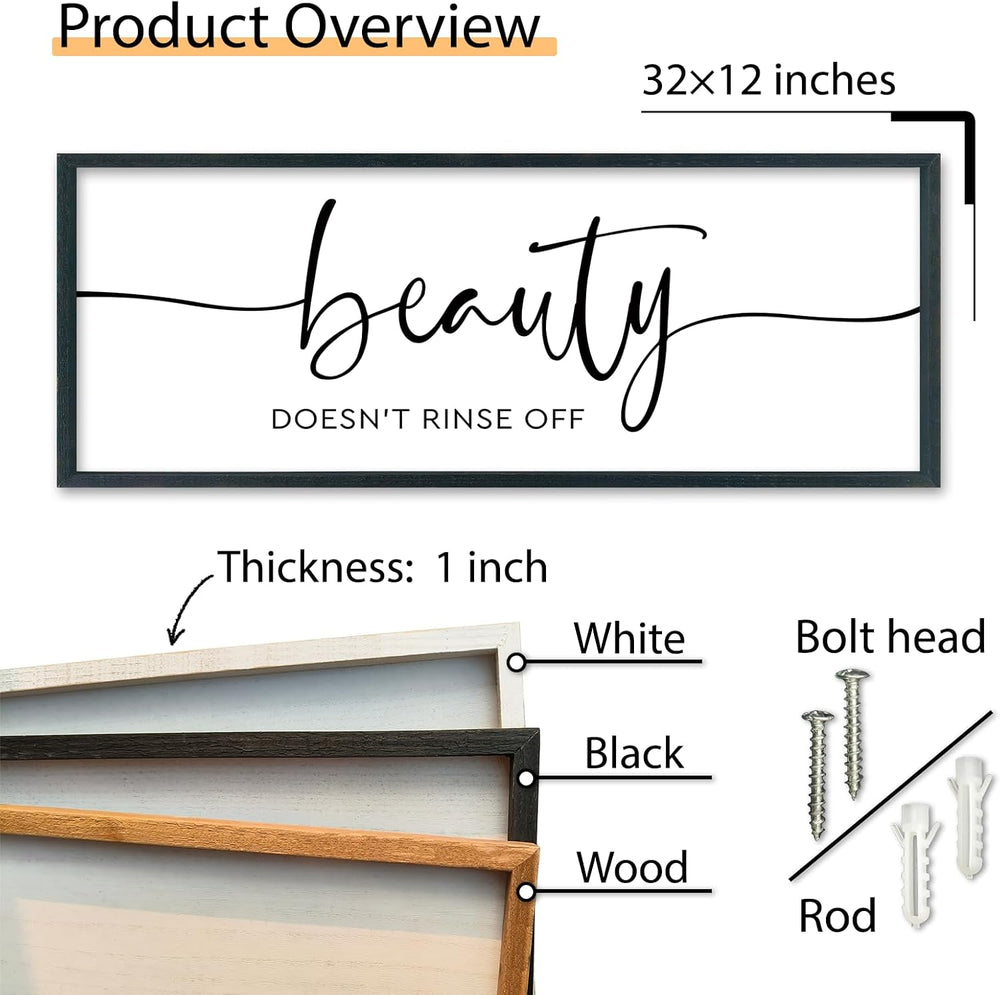 Framed Bathroom Sign Beauty Doesn't Rinse Off Wall Decor 32 x 12 Inch Black