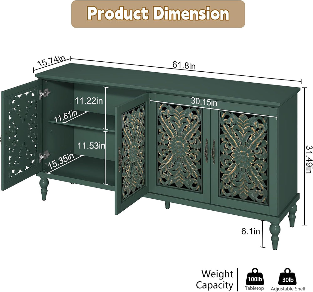 ARTPOWER 61.8" Hollow Carved Accent Cabinet with 4 Doors for Living Room