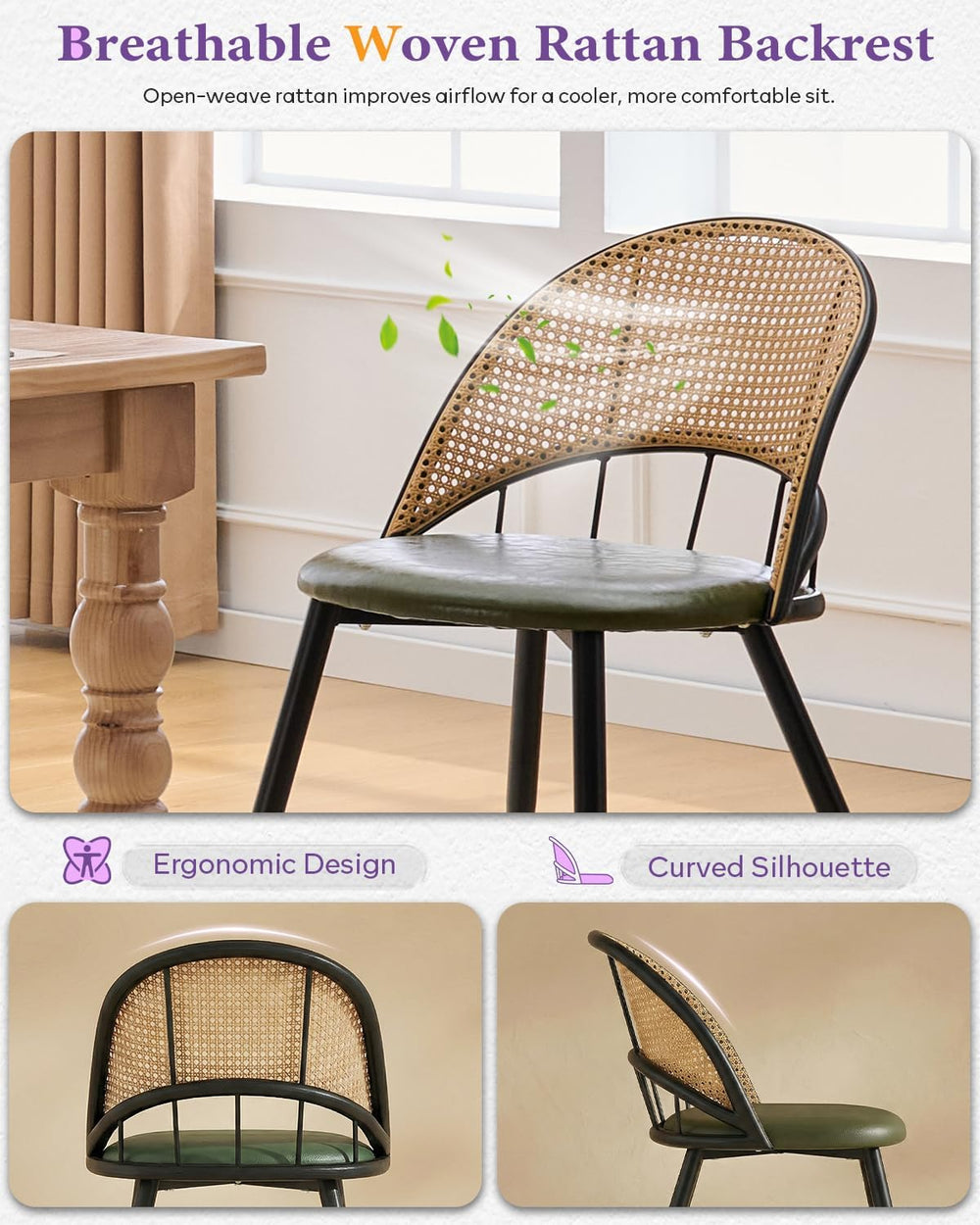 Green Rattan Dining Chairs Set of 4, Dining Room Chairs for Kitchen
