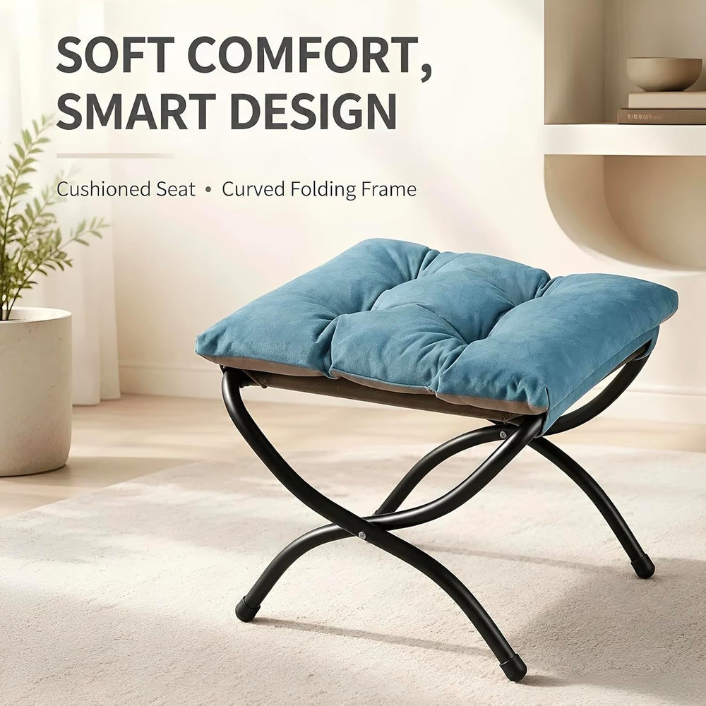 15" Upholstered Folding Foot Rest Stool with Foldable Metal Frame Blue