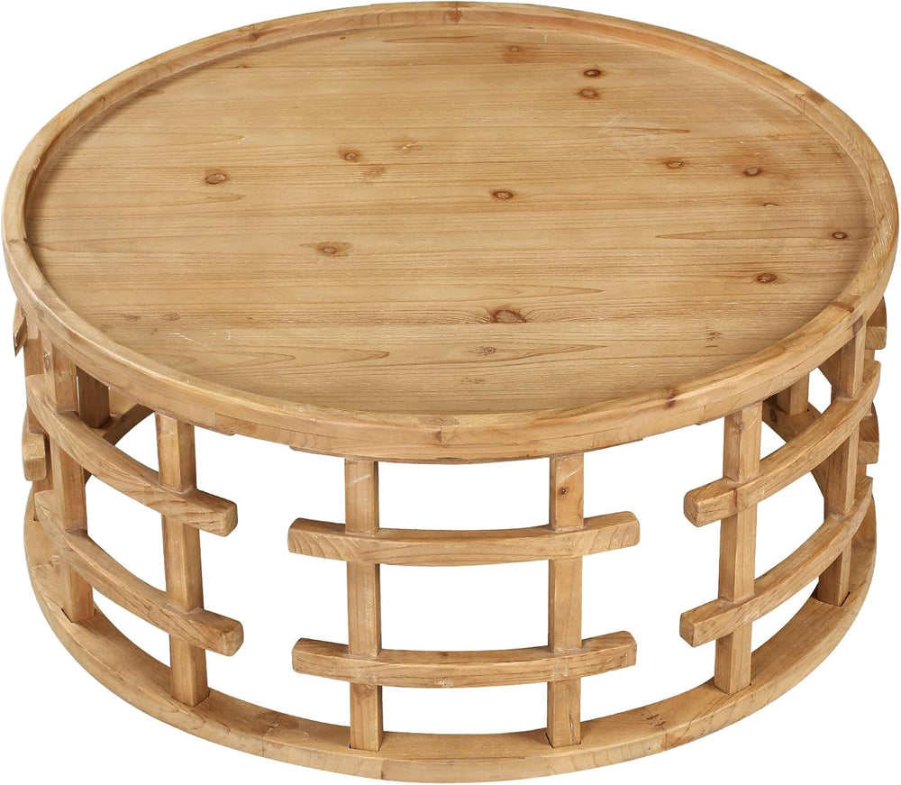RUSTOWN Farmhouse Round Coffee Table, Boho Handcrafted Wooden Tables