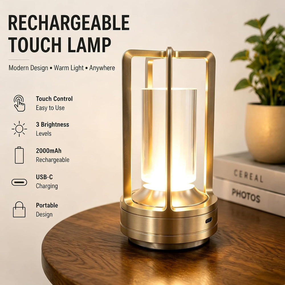 Rechargeable Crystal Table Lamp, 3-Color Touch LED, Gold
