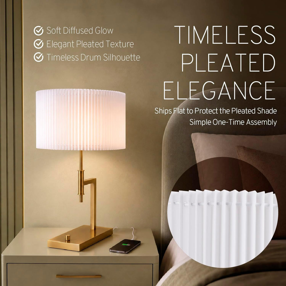 HarvestLand Clara Brass Table Lamp with USB, DIY Pleated Bedside Lamp