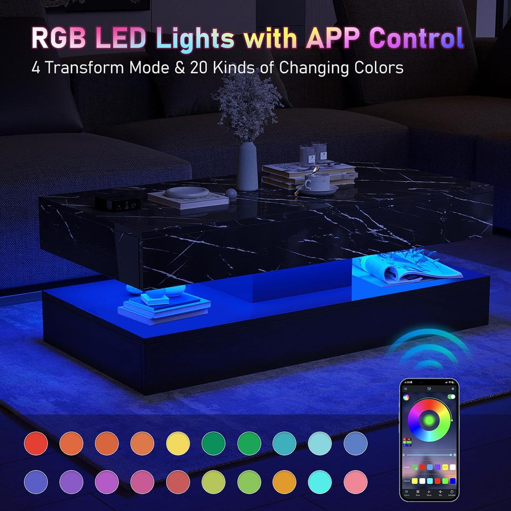 HOMFAMILIA LED Coffee Table with 2 Storage Drawers, Modern High Gloss Black C...