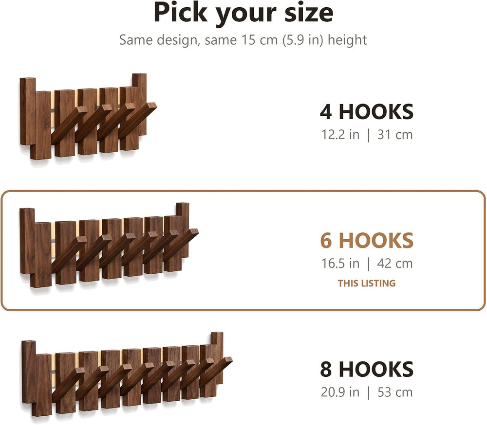 Piano Key Coat Rack Wall Mounted, 6 Flip-Down Hooks, Walnut-Toned