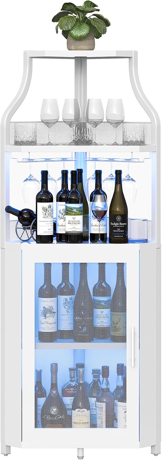 Garvee Corner Bar Cabinet with LED Light Modern Wine Cabinet with Wine Rack &...