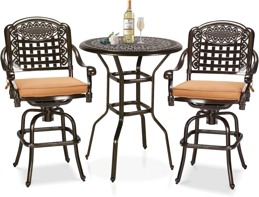 3-Piece Patio Swivel Bar Set, High Top Bar Table & Chairs, All-Weather Ca...